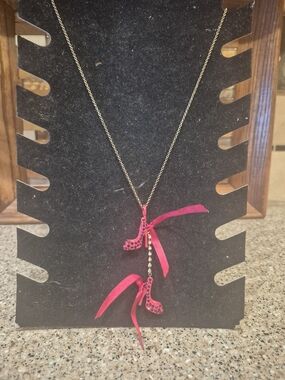 Vintage Gold Chain Necklace with Red High-Heel Charms and Ribbon